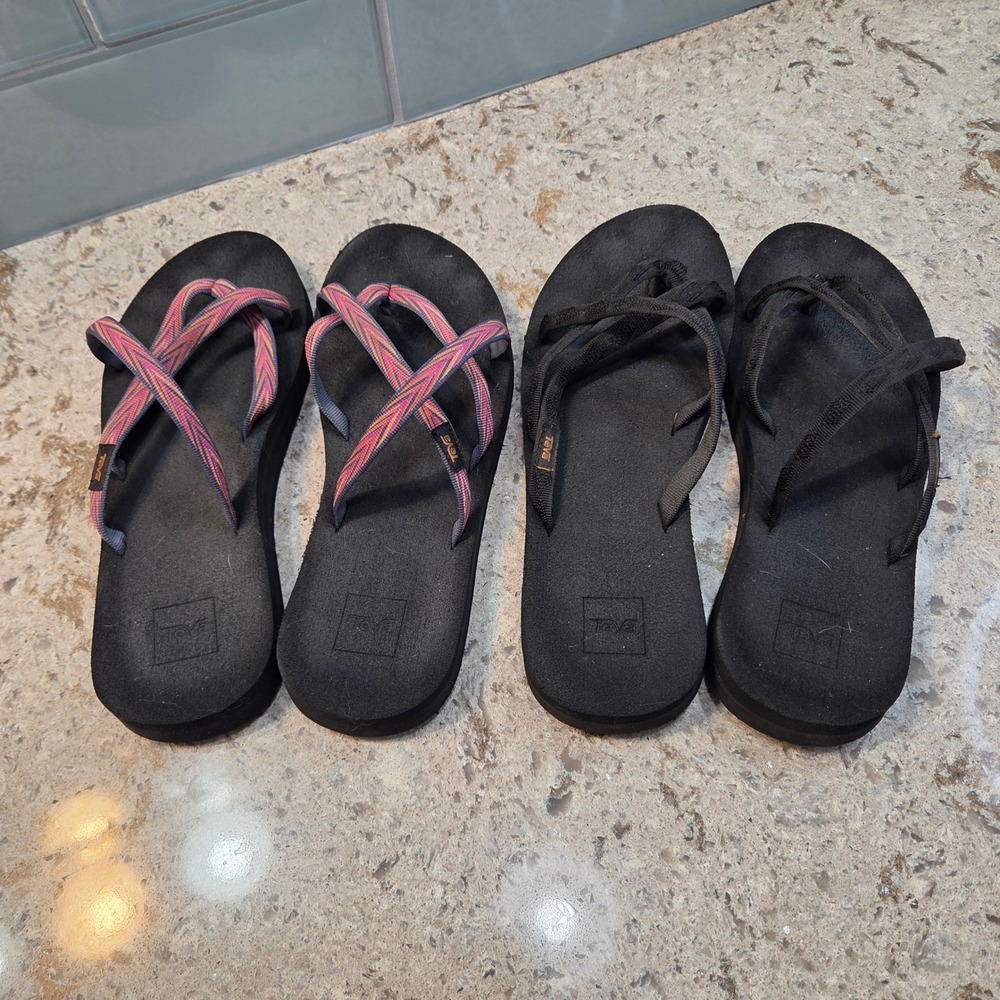 Teva Olowahu Flip Flops Bundle Womens Black and Patterned Strappy Sandals
